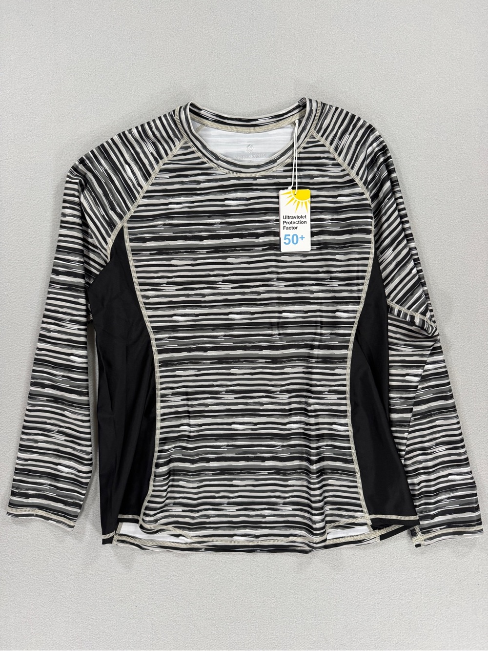 UPF 50+ Rash Guard Swim Sun UV Protection Shirt Black White Stripe Long Sleeve
